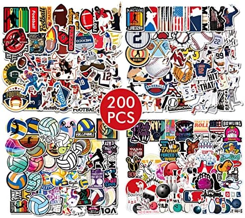 WAIO Sports Stickers 200PCS Football Baseball Volleyball Bowling 4 in 1 Mixed Ball Waterproof Vinyl Decors for Children for Water Bottle Laptop Luggage Desk Hydroflask Case Phone