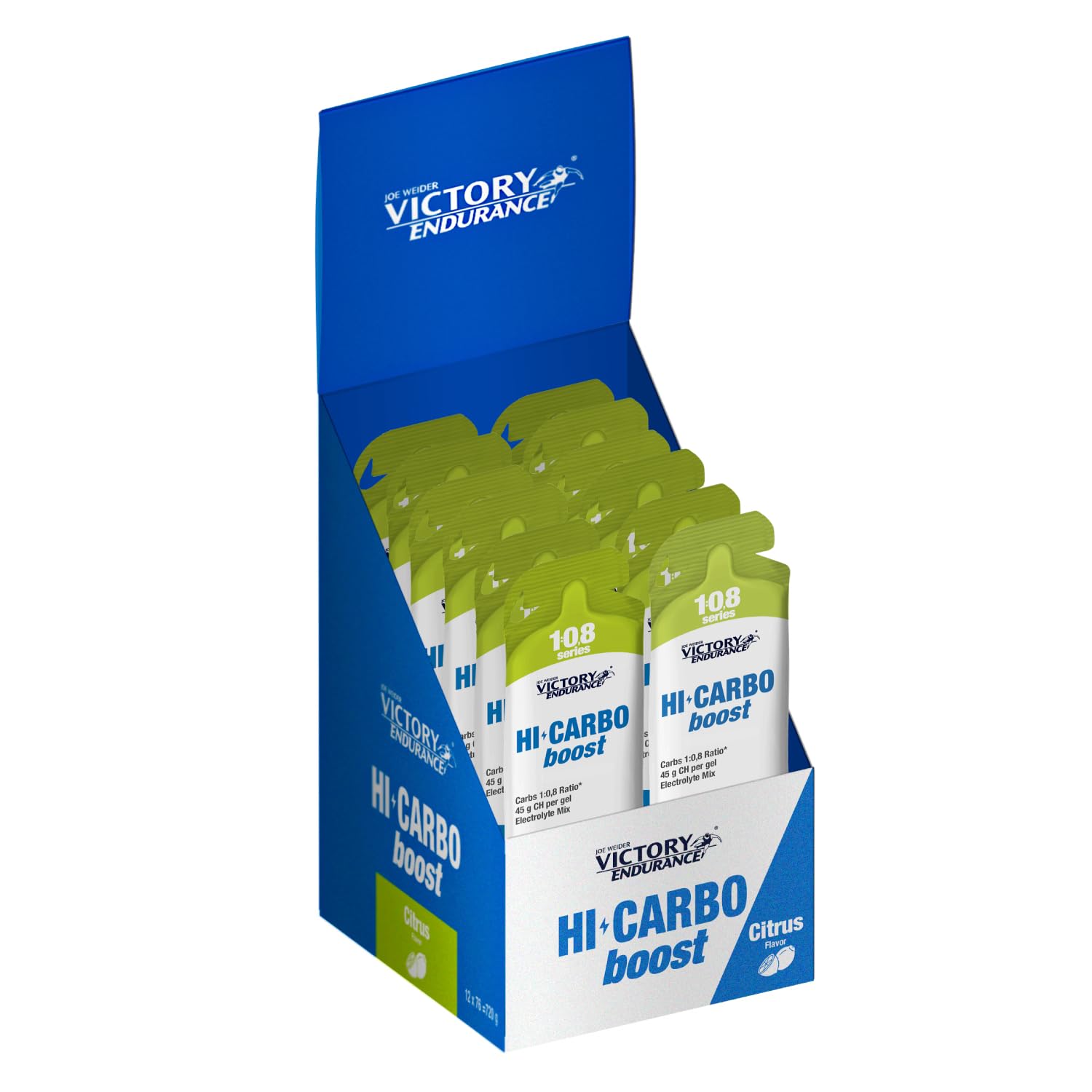 Victory Endurance HI Carbo Boost Gel 1:0,8 Series (12x76g) Sabor Cítricos Sin Cafeína, Alto en Carbohidratos con 45g/gel, 200mg sodio/gel, Energía inmediata, Aumenta Rendimiento, Disminuye Fatiga