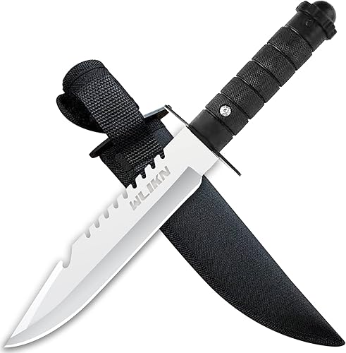 Wlikn Cuchillo de hoja fija con funda, cuchillo Bowie de supervivencia de hoja de un solo borde de 5 pulgadas con mango antideslizante, para