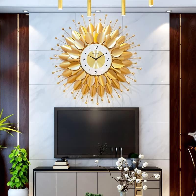 Image of European Style Luxury Living Room Analog Silent Creative Personality Metal Large Clock Sunflower Simple Modern Art Wall Decorative Clock (Petal Sun Clock 70x70cm)