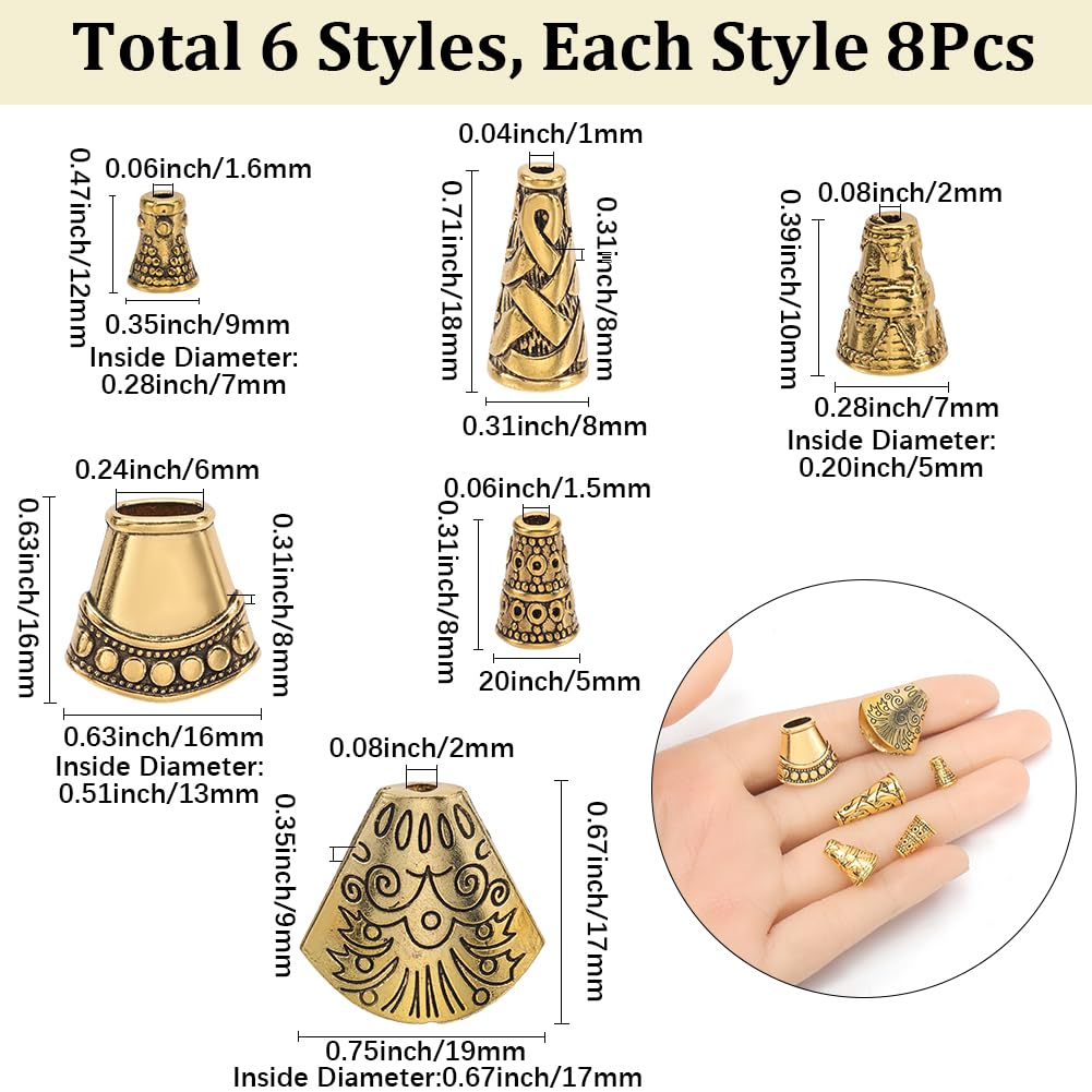 SOFPLATE 1 Box 48Pcs 6 Styles Gold Cone Bead Caps Metal Bead End Caps Alloy Antique Tibetan Vintage Retro Small Spacer Charms Findings Accessories for Jewelry Making Necklaces Bracelets DIY Crafts