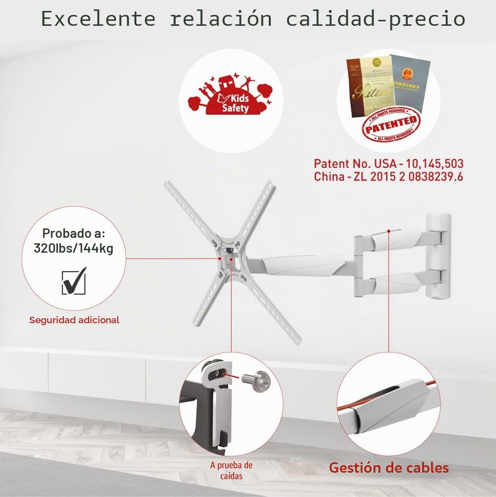Barkan Soporte TV de Pared 76cm de Largo Blanco Inclinable y Giratorio, Articulado para Pantallas de 13-65 Pulgadas, Peso máximo 36Kg, Ultra Extensible, para LED OLED LCD, hasta VESA 400x400