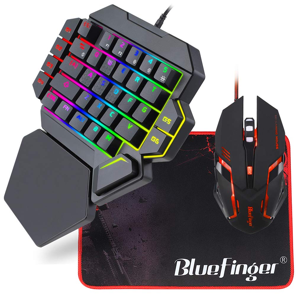 BlueFinger RGB One Hand Mechanical Gaming Keyboard and Backlit Mouse