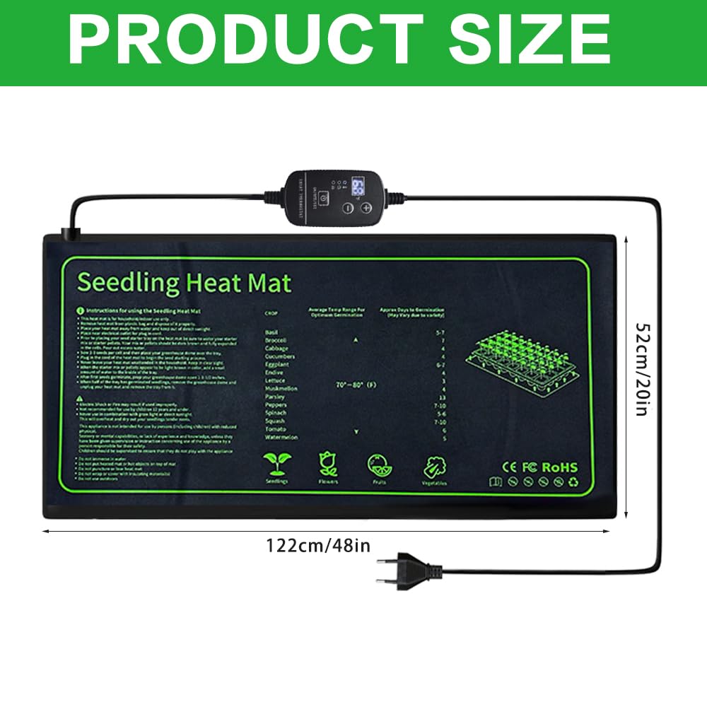 Estera calefactora Ajustable Almohadilla Térmica para Plantas, Estera de Calefacción de Planta con Control de Temperatura y Función de Temporizador, IP68 Impermeable,10 "x 20" 18 Watt