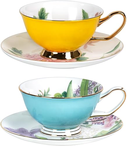 Miniatura 10 de KAMMAK Juego de 2 tazas de té y platillos, tazas de café de porcelana fina, tazas de café apilables de 8.5 onzas, Demitasse de cerámica para café,