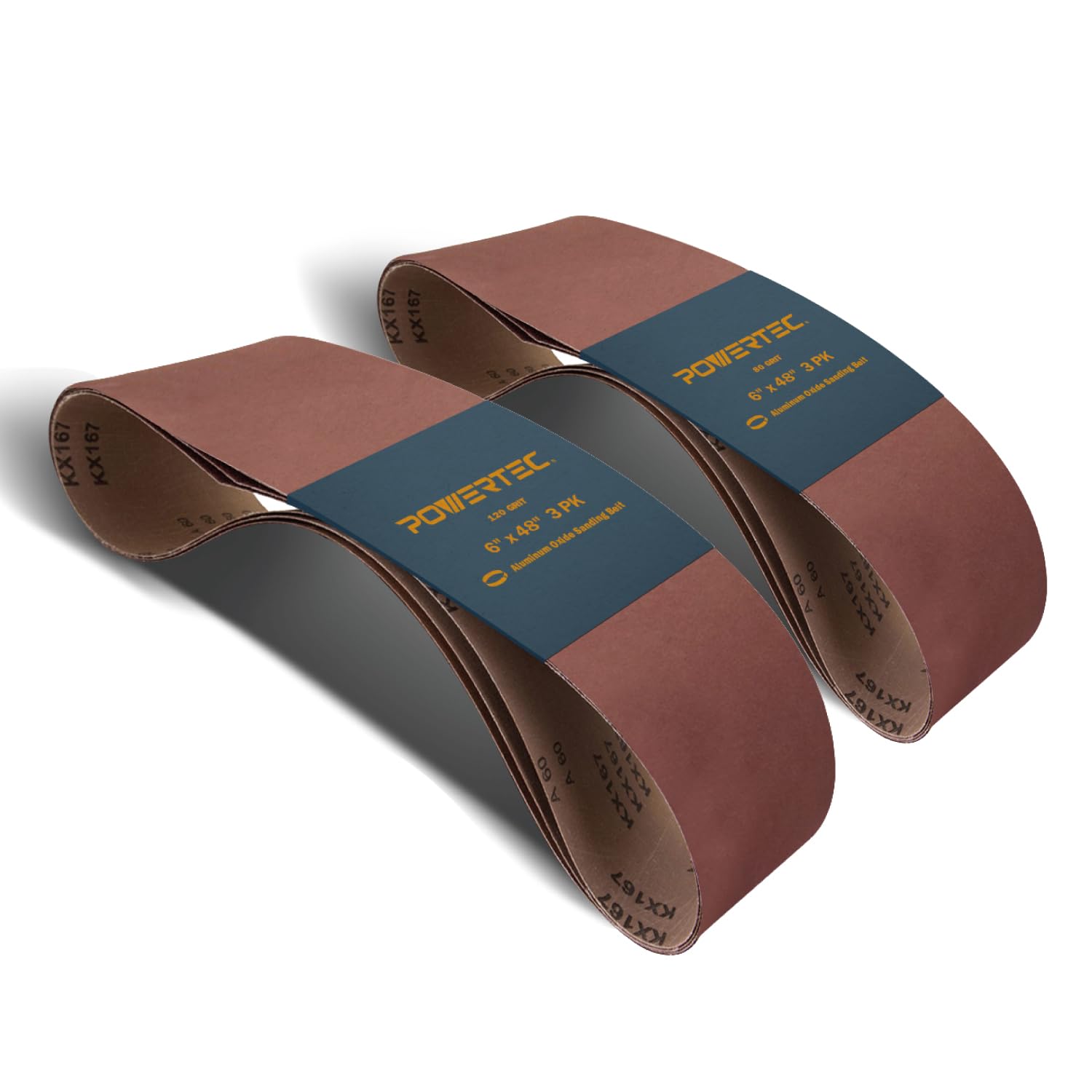 POWERTEC 6 x 48 Inch Sanding Belts, 80 & 120 Grit, Aluminum Oxide Belt Sander Sanding Belt for Bench Belt Sander, Wood & Paint Sanding, Metal Polishing, 3 Pack Each (110213 + 110533)