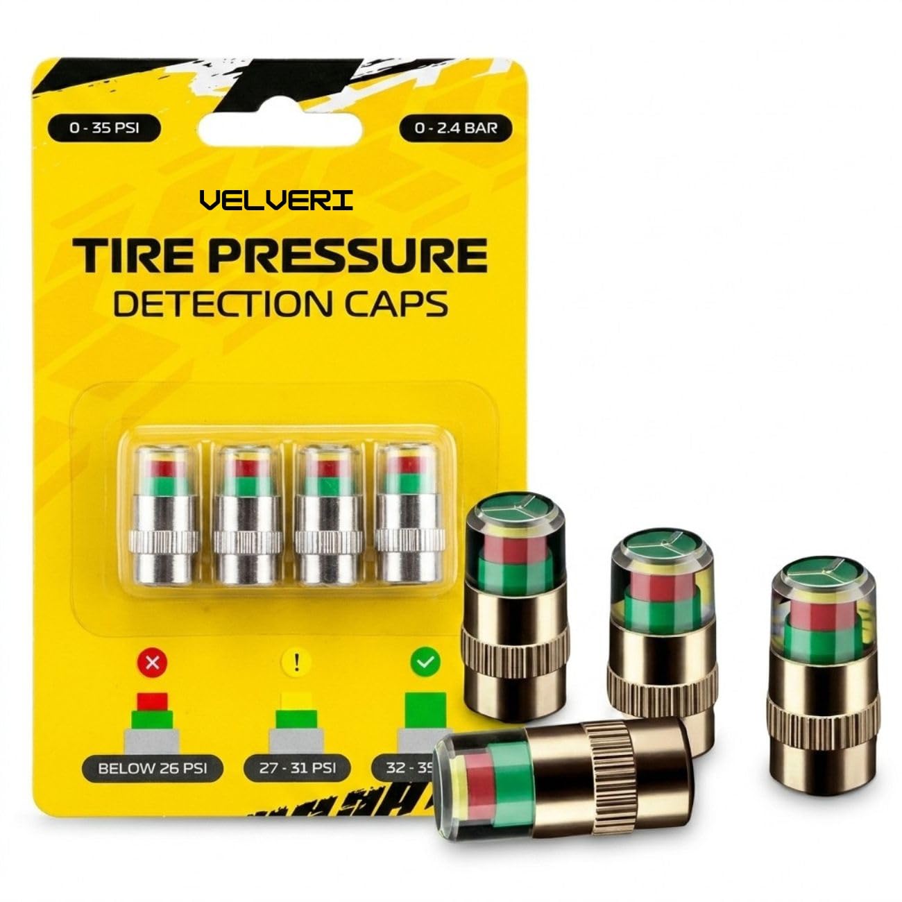 Universal Car Tyre Pressure Indicator Valve Caps (Pack of 4) – Visual Air Pressure Alert Monitor (Green/Yellow/Red), Leak-Proof Anti-Theft Brass Valve Stem Cover for Cars, Bikes, Scooters & SUVs-image-5