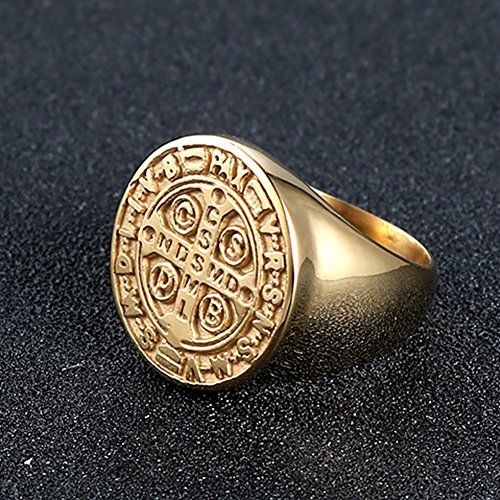 JAJAFOOK Men Gold Plated Stainless Steel Catholic St Benedict Exorcism Signet Ring Cross Band2