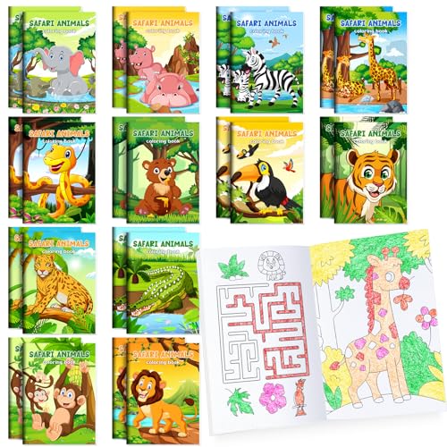 BenLouis 24 Pcs Jungle Safari Mini Coloring Books Kids Zoo Animals Party Favors Small Activity Books Bulk for Kids Wild One Birthday Goodie Bags Stuffers Return Gifts Classroom Travel