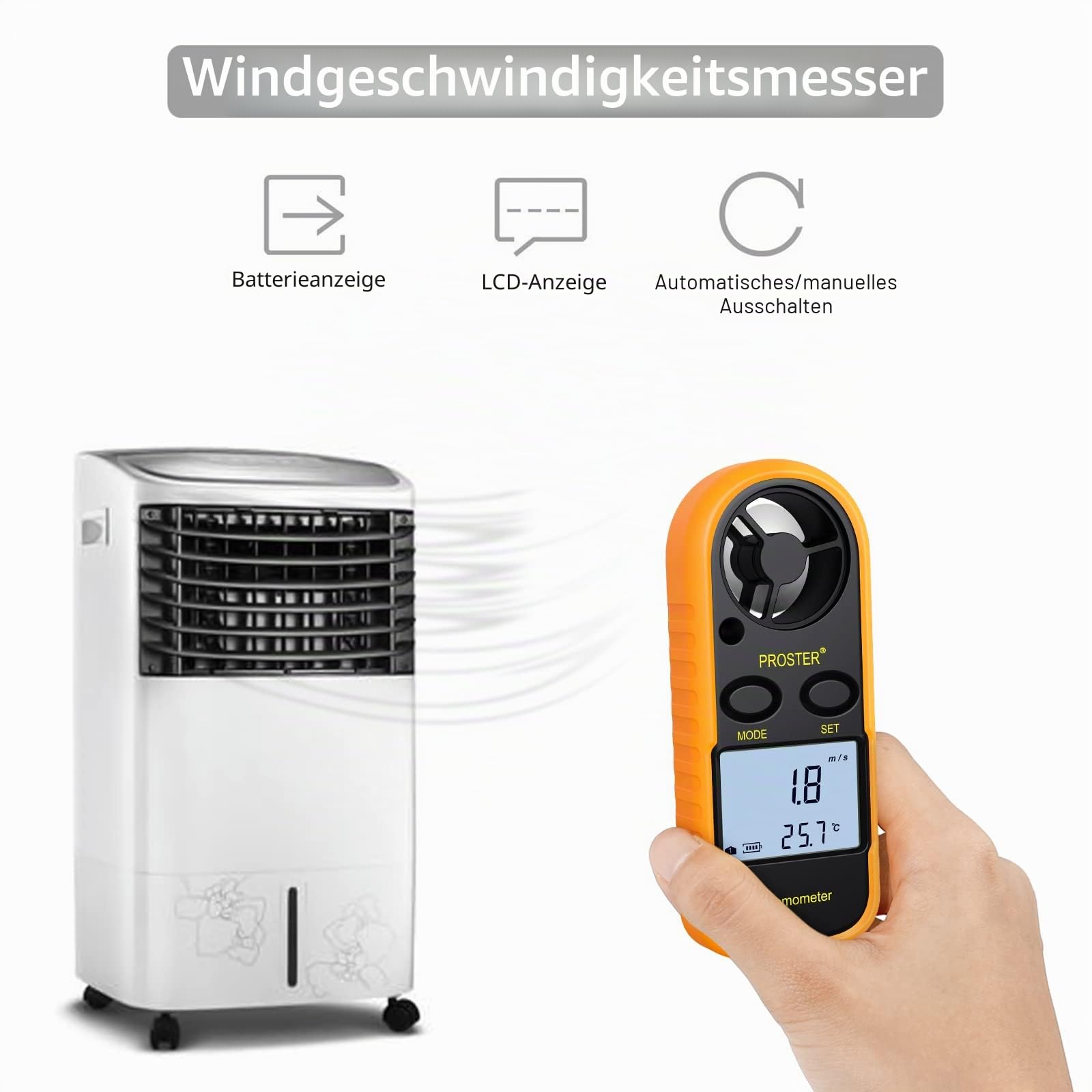 Proster Anemometer - Handliches Windgeschwindigkeitsmesser mit Hintergrundbeleuchtung LCD-Windmesser Wind Luftstromgeschwindigkeit Messgeschwindigkeit und Temperatur für RC-Drohnen Windsurfen