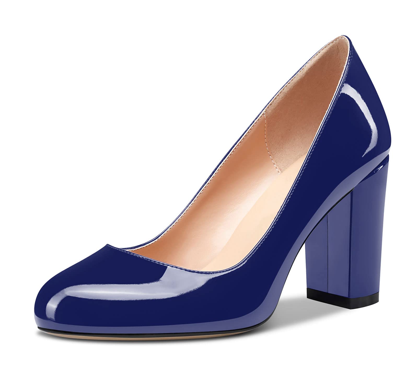 HDEUOLM Mujer Chunky Ancho Alto High Heel Cerrado el Dedo del pie Redonda Punta Pumps Slip-on de Boda Oficina Cute Zapatos 8CM Heels