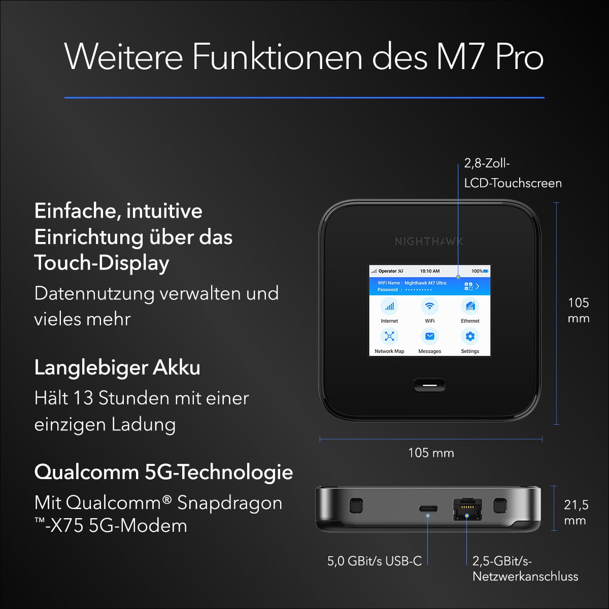 NETGEAR Nighthawk M7 Pro Mobiler Hotspot-Router 5G, entsperrt, Internationales Roaming in 125 Ländern, WiFi 7, tragbares Gerät für Reisen, 13 Stunden Akkulaufzeit (MR7450)
