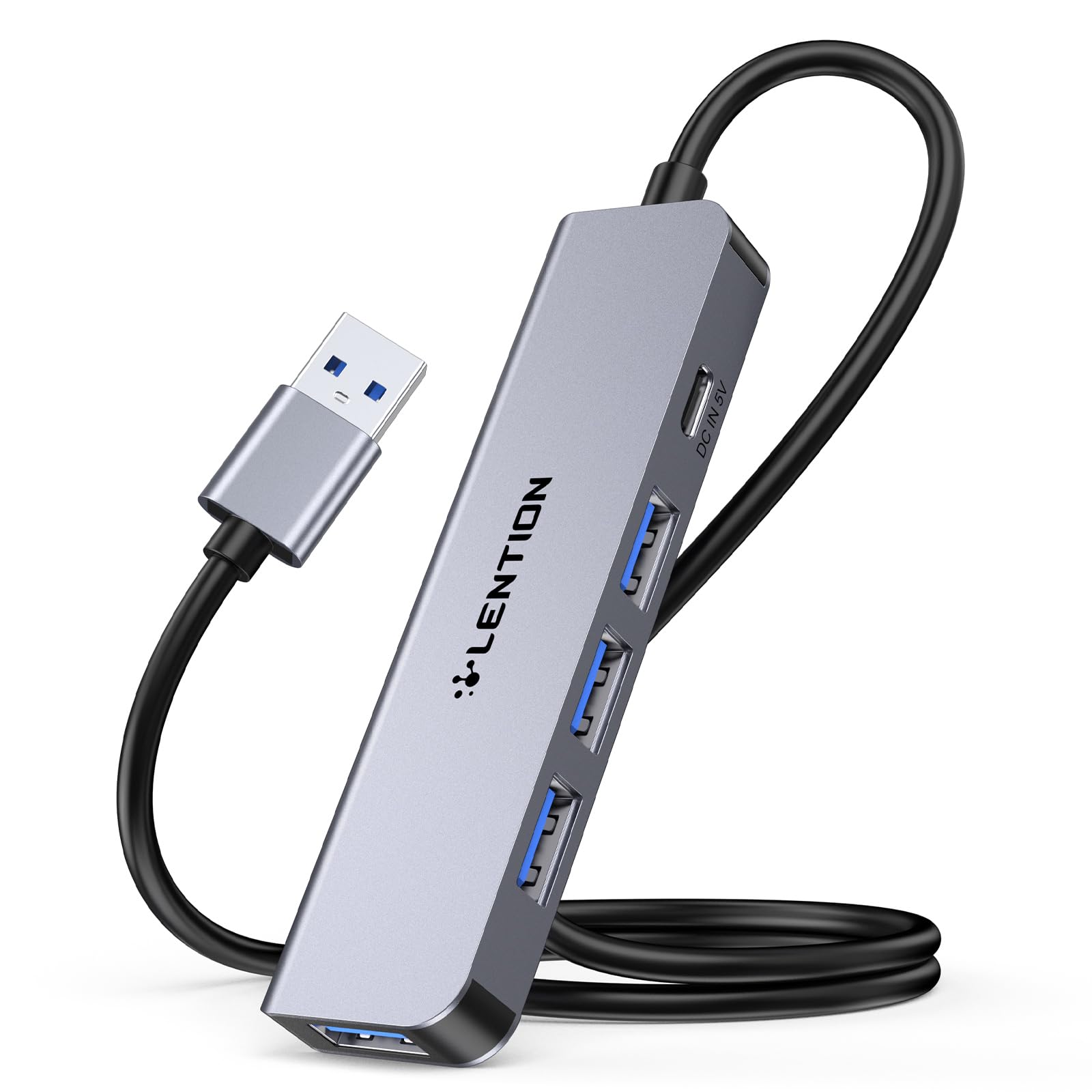 Lention 2FT Long Cable USB 3 Multiport Adapter, Ultra Slim USB 3 Hub with 4 USB 3.0 Port & Type C Power Supply Port for Laptop, PC, MacBook, iMac, Xbox, PS4/PS5, Hard Drive, More (HE32, Space Grey)