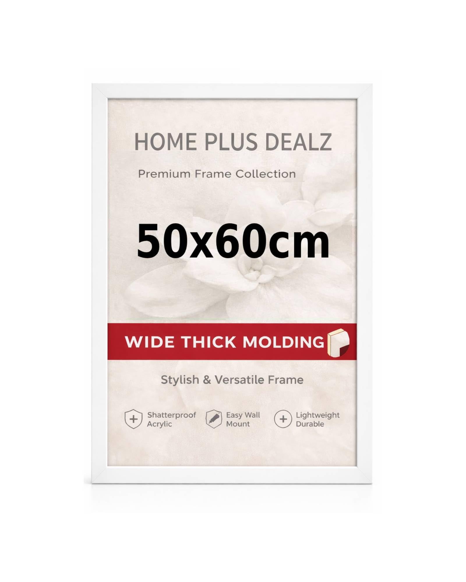 Home Plus Dealz 50x60 cm White MDF Picture Frame With Wide Moulding – Poster & Photo Display for Living Room, Bedroom or Office UK