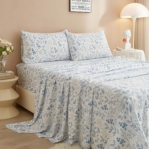 3 Piece Floral Bed Sheets Set Twin XL Sheets & Pillowcase Set - Extra Soft Vintage Blue Floral Sheets Set Deep Pocket 16