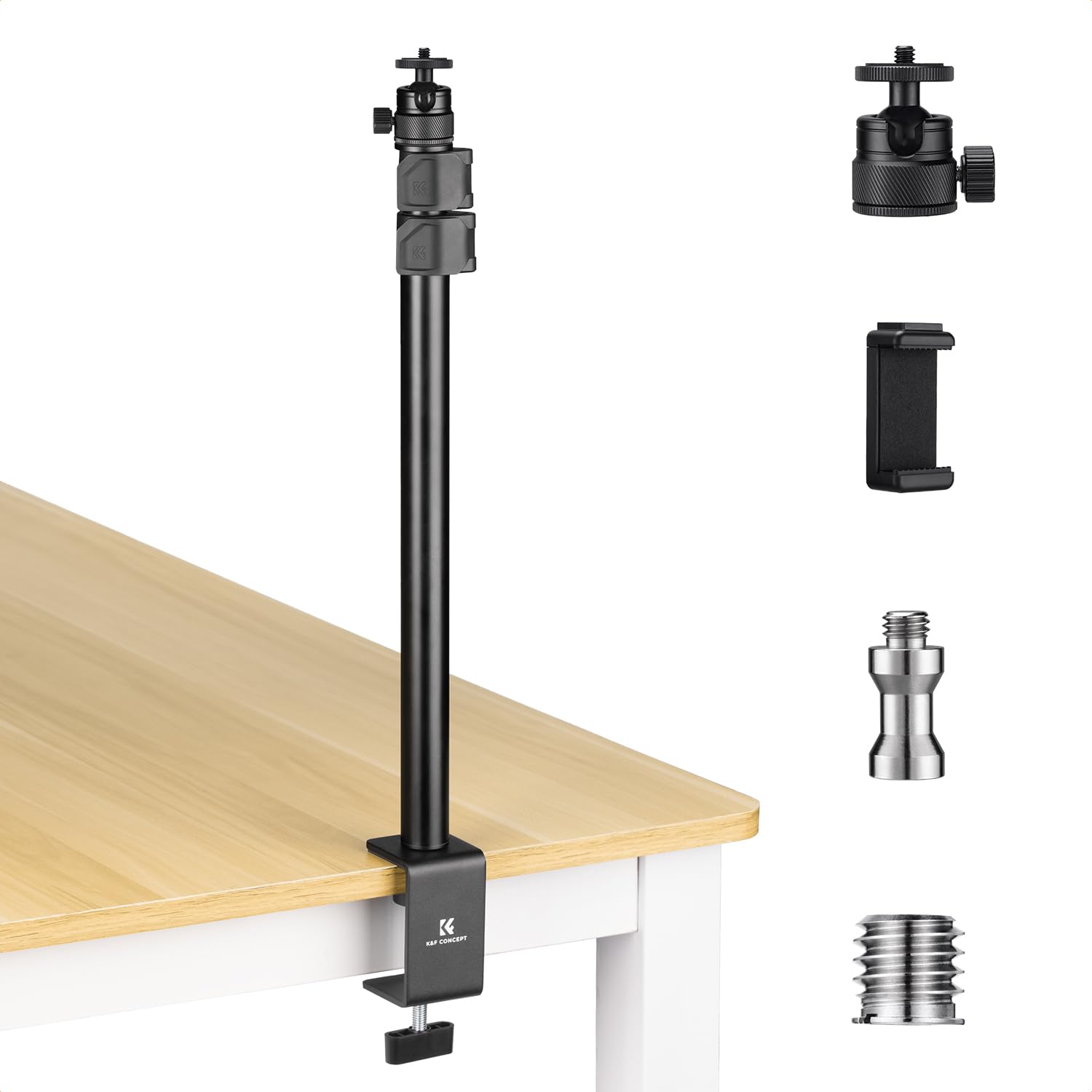 K&F Concept Camera Desk Mount with 360° Ball Head & Phone Clip - Adjustable Light Stand 16"-37", Tabletop C-Clamp for DSLR, Ring Light, Webcam, Live Streaming, Online Teaching