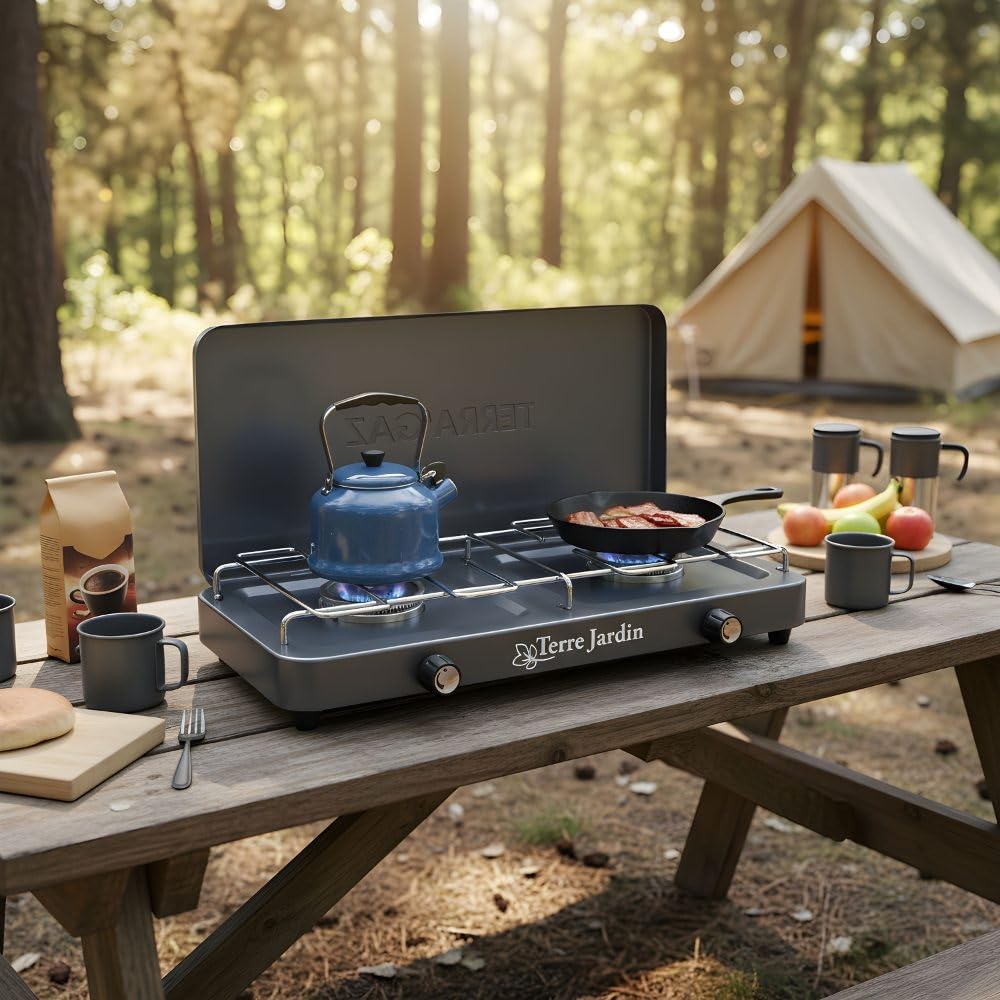 TERRE JARDIN Réchaud de Camping 2 Feux à Gaz - Gazinière Portable avec Couvercle - Plaque de Cuisson Double Brûleur pour Camping, Bivouac et Extérieur
