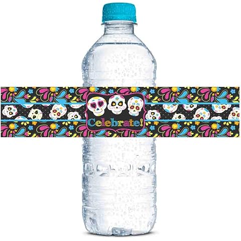Sugar Skull Day of The Dead, Dia De Los Muertos Halloween Waterproof Water Bottle Sticker Wrappers, 20 1.75