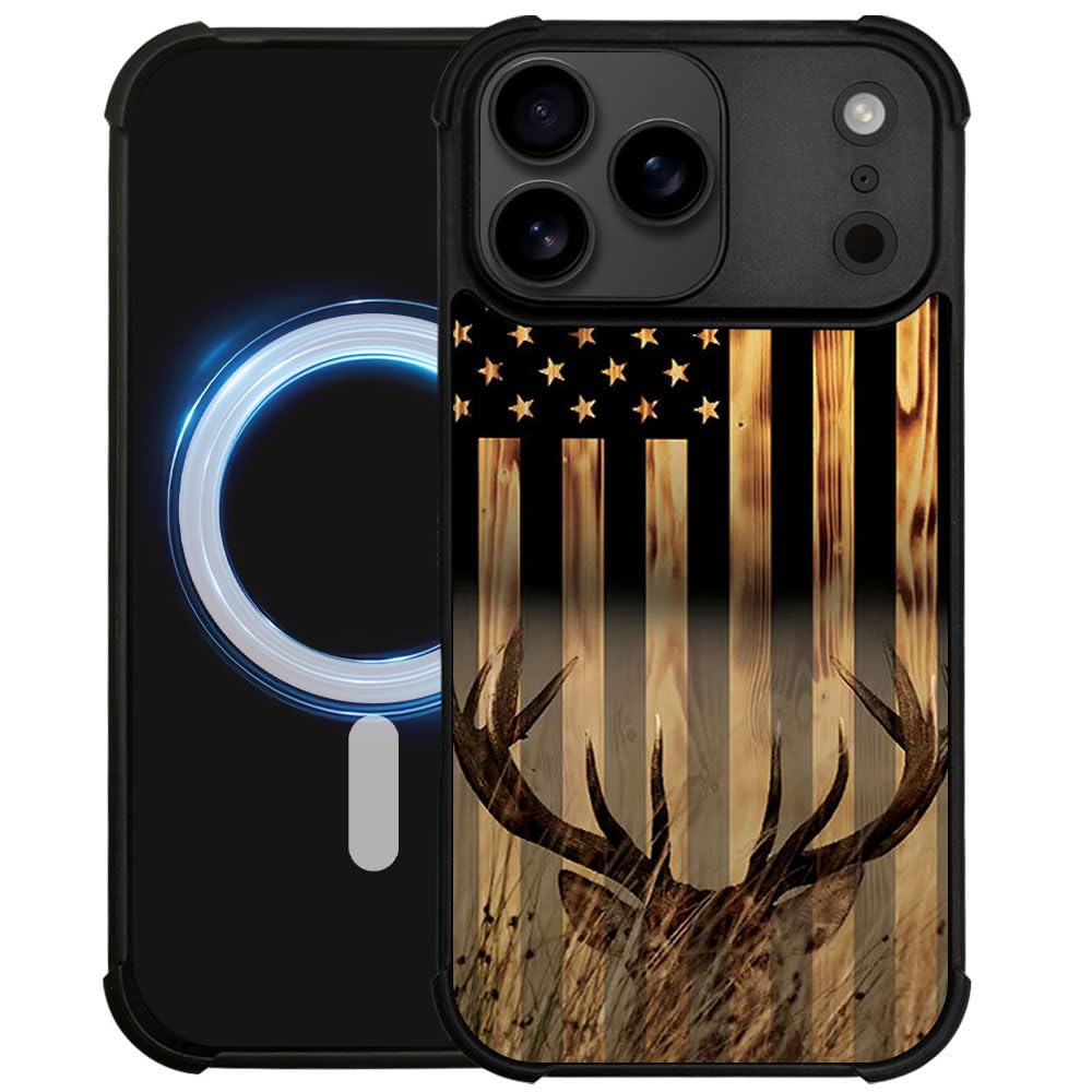 DJSOK Case for iPhone 17 Pro,Compatible with MagSafe,Anti-Scratch Shockproof Case,Wood Grain American Flag Buck Hunter Deer