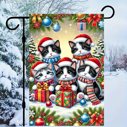 Image of BlissYard Christmas Cat Garden Flag 12x18 Inch Polyester | Double sided polyester, Christmas kittens santa hats boxes design, cozy cat lover decor for holiday porch and yard