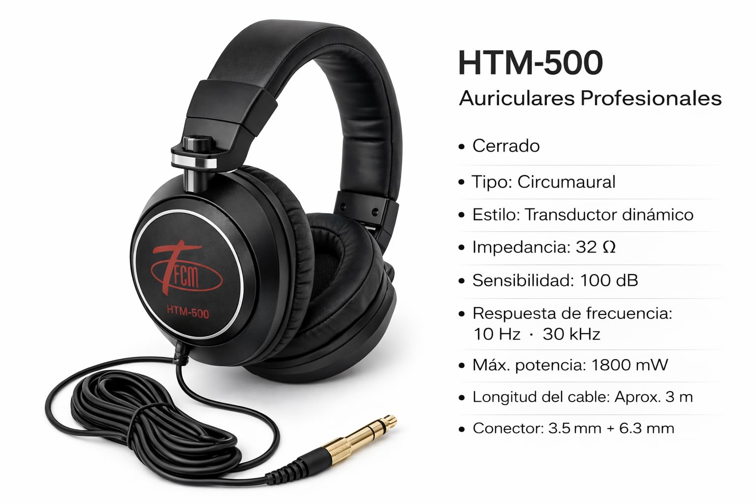 Auriculares Profesionales TCM500 Cerrados Supraaurales con Cable 3m, Driver 50mm, 32Ω, Alta Sensibilidad 100dB, Estudio DJ Monitoreo Audio Alta Fidelidad con Jack 3.5mm + 6.3mm