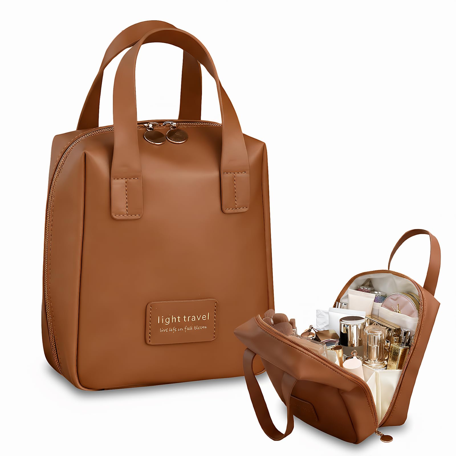 Makeup Bag Solid Color PU Material, Waterproof and Portable Large Capacity Travel Toiletries Cosmetic Bag, Multi-Compartment Makeup Organiser Bag, Suitable for Daily Use, Travel (Mocha Brown)