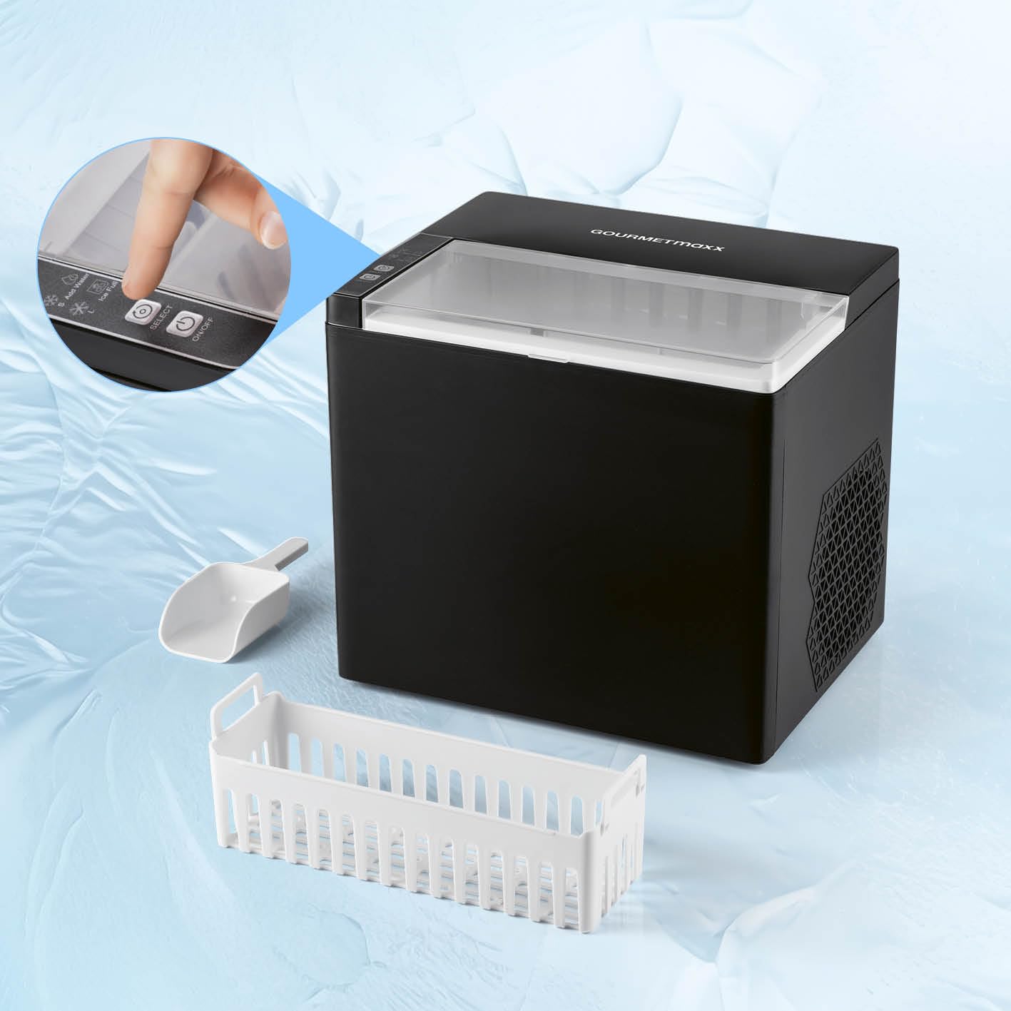 GOURMETmaxx kostkarka do lodu o mocy 150 W, na kemping i do współpracy, nie wymaga podłączenia wody, domowa kostkarka do lodu, w zestawie z pojemnikiem na odpady i łopatką do lodu, 12 kg dziennie