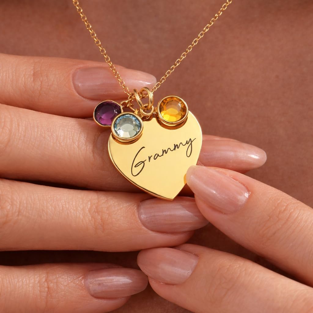 Grammy Heart Necklace Personalized with Grandkids’ Birth Month Birthstones – Custom Name Jewelry for Grammy – Christmas or Birthday Gift from Grandkids – Meaningful Grandma Keepsake Necklace