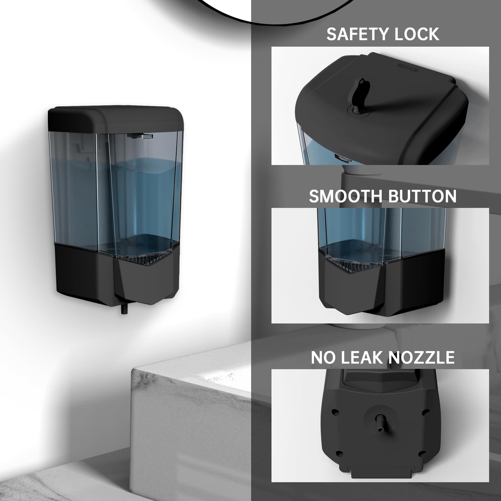 Dispensador de jabón de 600 ml, montaje en pared, sin taladro, dispensador manual de desinfectante de manos, dispensador de gel / líquido adhesivo para el hogar, centro comercial, hospital,