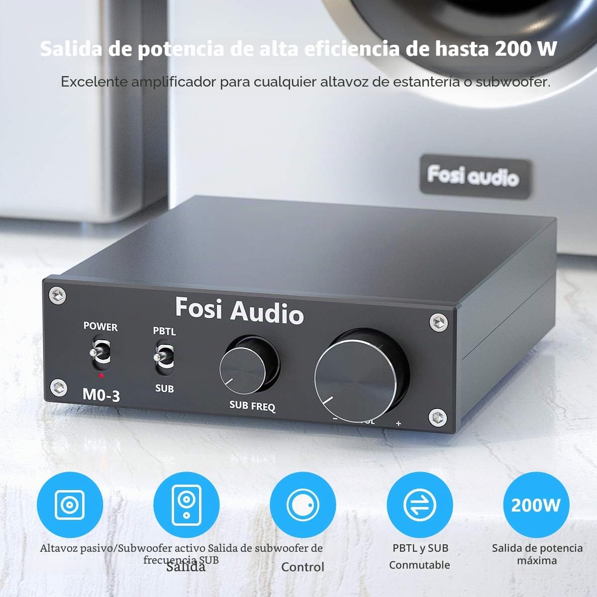 Fosi Audio M03 TPA3255 200W Subwoofer Amplificador Mini Amplificador de Potencia Audio Mono para Cine en Casa Frecuencia Completa y Graves SUB Conmutables con Fuente de Alimentación de 32V/5 A