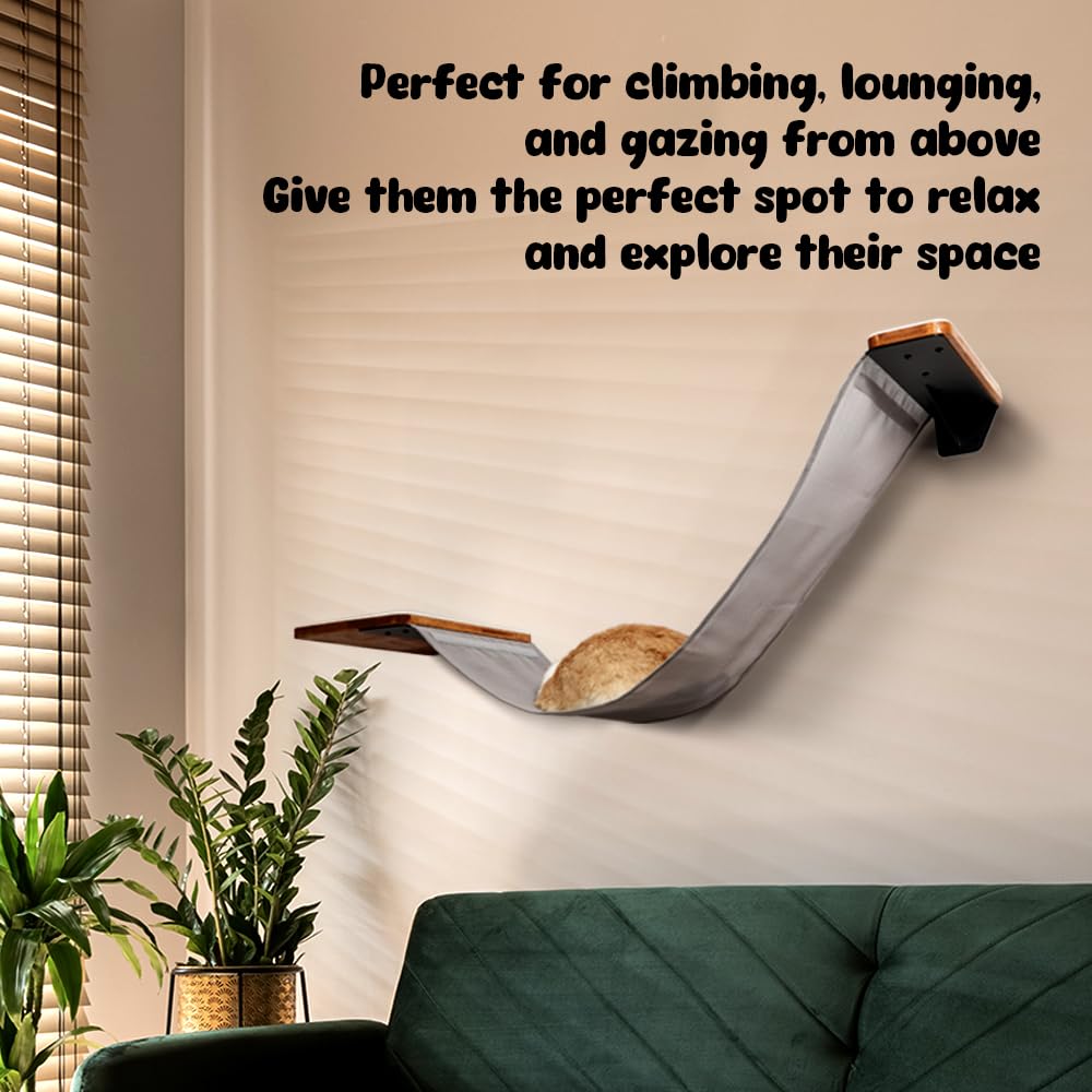 Hamaca de pared para gatos con diseño de doble tela, cama resistente para gatos grandes, puente para gatos y percha de pared para gatos con marco de metal y estante de madera para un descanso