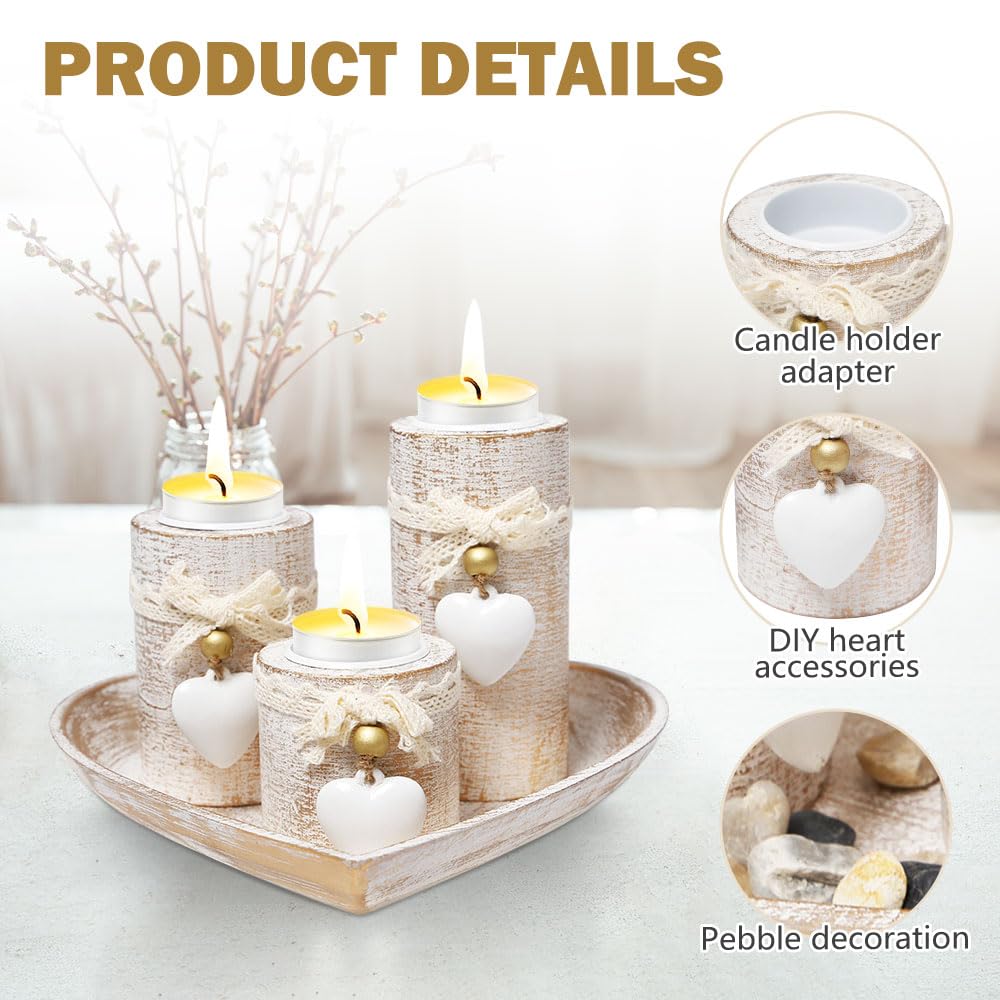 Set di 3 Portacandele in Legno con Vassoio a Cuore e Campana Spegnicandela Candelabri decorativi per Tealights per Compleanni,Matrimoni,Cene Romantiche,Natale e Decorazioni da Tavolo