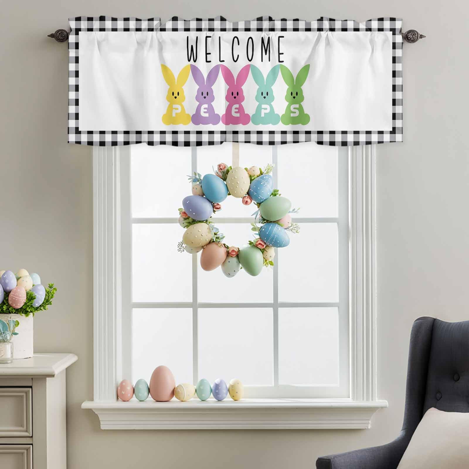 Kitchen Valances for Windows,Easter Colorful Cartoon Rabbit Peeps Light Filtering Short Curtains for Bathroom Basement Living Room Quote and White Black Lattice