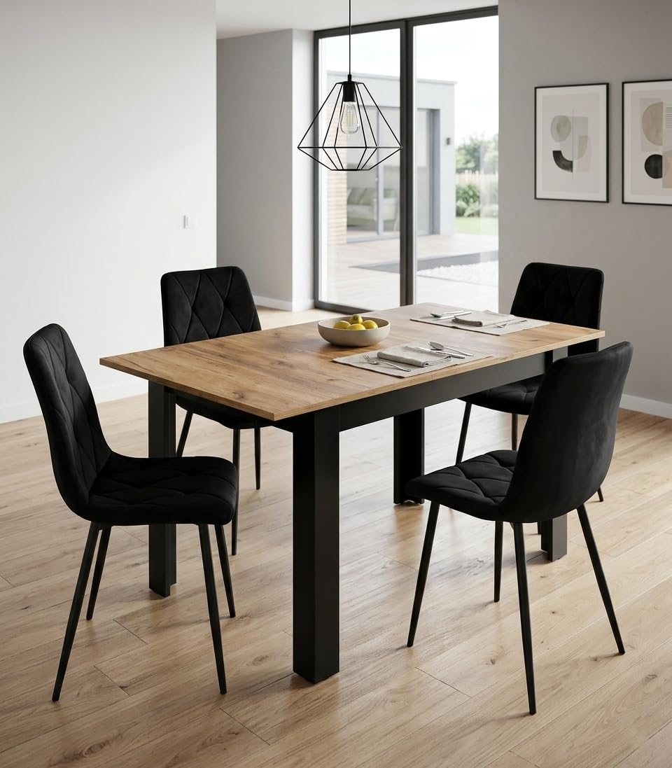 Tavolo da pranzo allungabile 120-160 x 80 cm, tavolo da cucina, tavolo da pranzo, con ripiano, telaio nero, effetto legno, cucina, sala da pranzo e soggiorno, colore: rovere artigianale