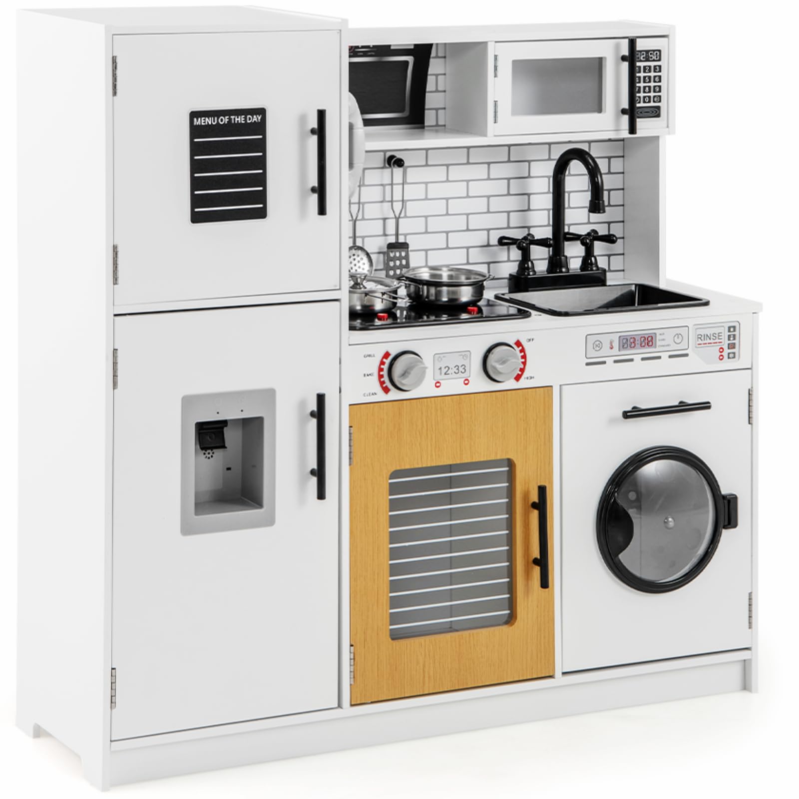 GYMAX Kids Play Kitchen, Wooden Toy Kitchen with Microwave, Water Dispenser, Washing Machine, Oven, Stove, Sounds, Lights, Telephone&Accessories, Children Cooking Role Playset for 3+ Years Old (White) — image 1