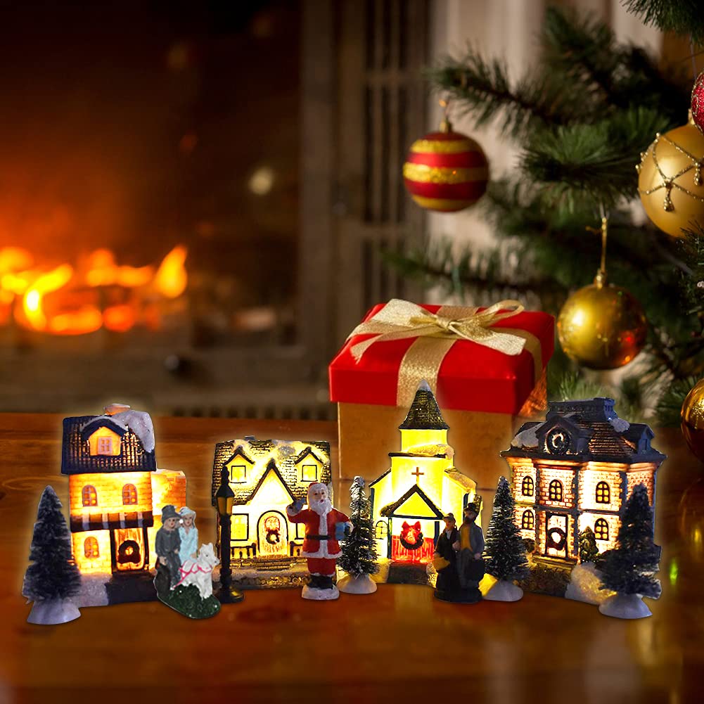 LICHENGTAI Pueblos Navideños con Luz, Juego de Casa de Pueblo de Navidad Decoracion de Luces LED Adorno de Mesa de Escena de Pueblo de Navidad, Escena de Navidad Casas de Pueblo (10 Piezas)