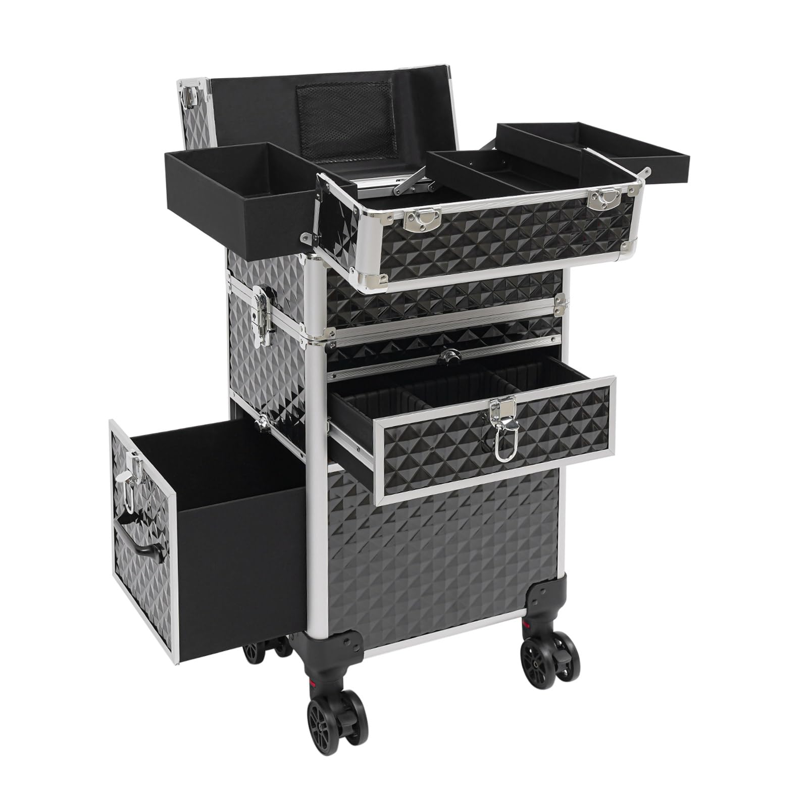 CRYBY Rolling Makeup Case, Professional Rolling Makeup Train Case Makeup Organizer with Shoulder Strap & 4 Keys, Large Storage Cosmetic Trolley Salon Barber Case Traveling Cart Trunk, Capacity 110lbs