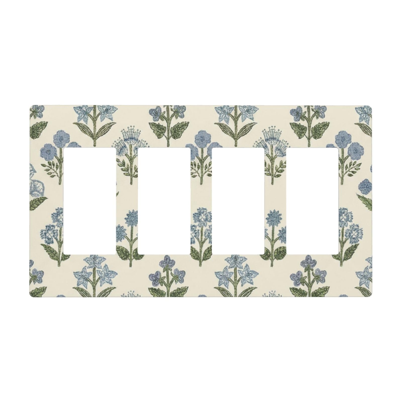 Beige Vintage Blue Floral Boho Flower 4 Gang Quad Rocker/GFCI/Decorator Light Switch Cover Plate Decorative Electric Quadruple Faceplate Switchplate Screwless
