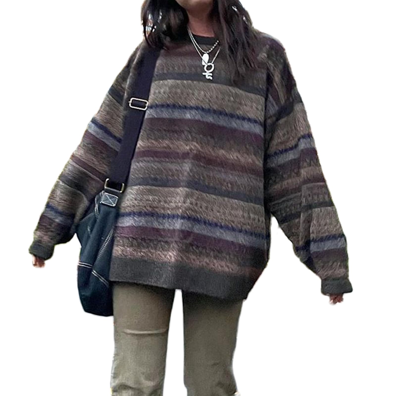 Women Vintage Striped Pullover Sweater Y2k Long Sleeve Crew Neck Loose Knit Sweaters Fall Winter Knitwear