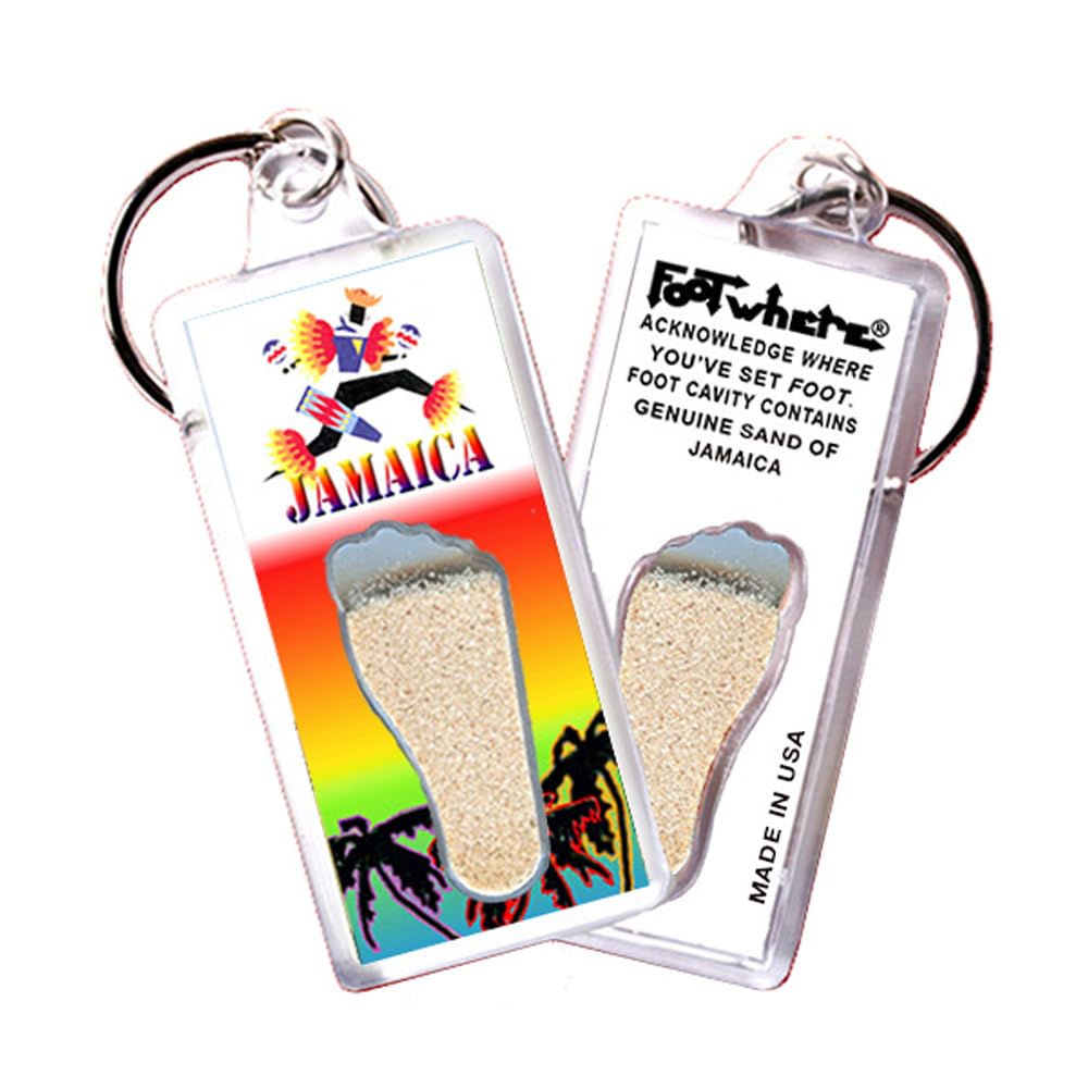 Jamaica FootWhere Souvenir Keychains. 6 Piece Set. Authentic Destination Souvenir acknowledging Where You've Set Foot. Genuine Soil of Featured Location encased Inside Foot Cavity. Made in USA.