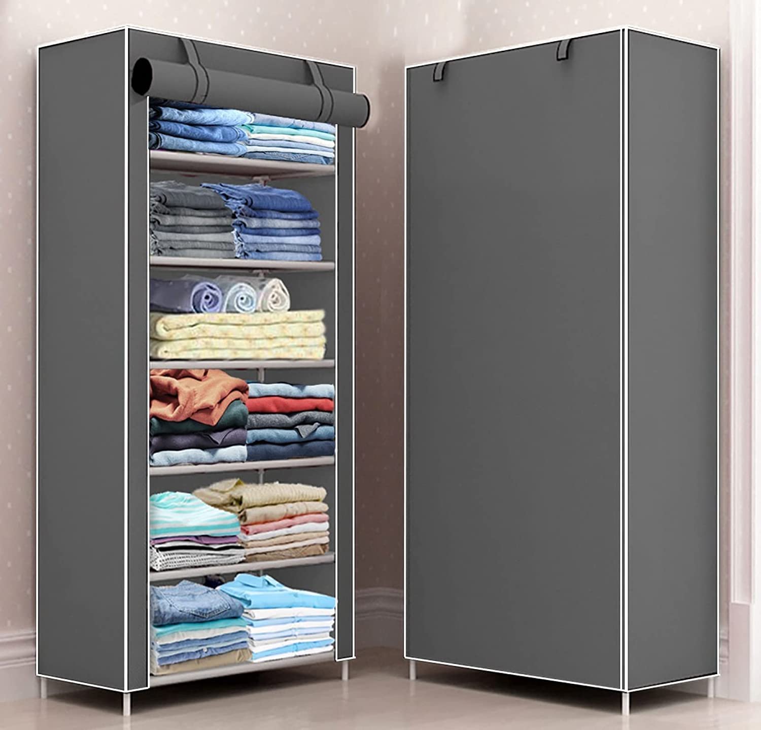 Zemic Multipurpose Baby Wardrobe/Cabinet/Multipurpose Storage Rack, Foldable, Collapsible Fabric Wardrobe Organizer for Clothes (PVC Plastic and Non Woven Fabric) (6-Layer, Grey)