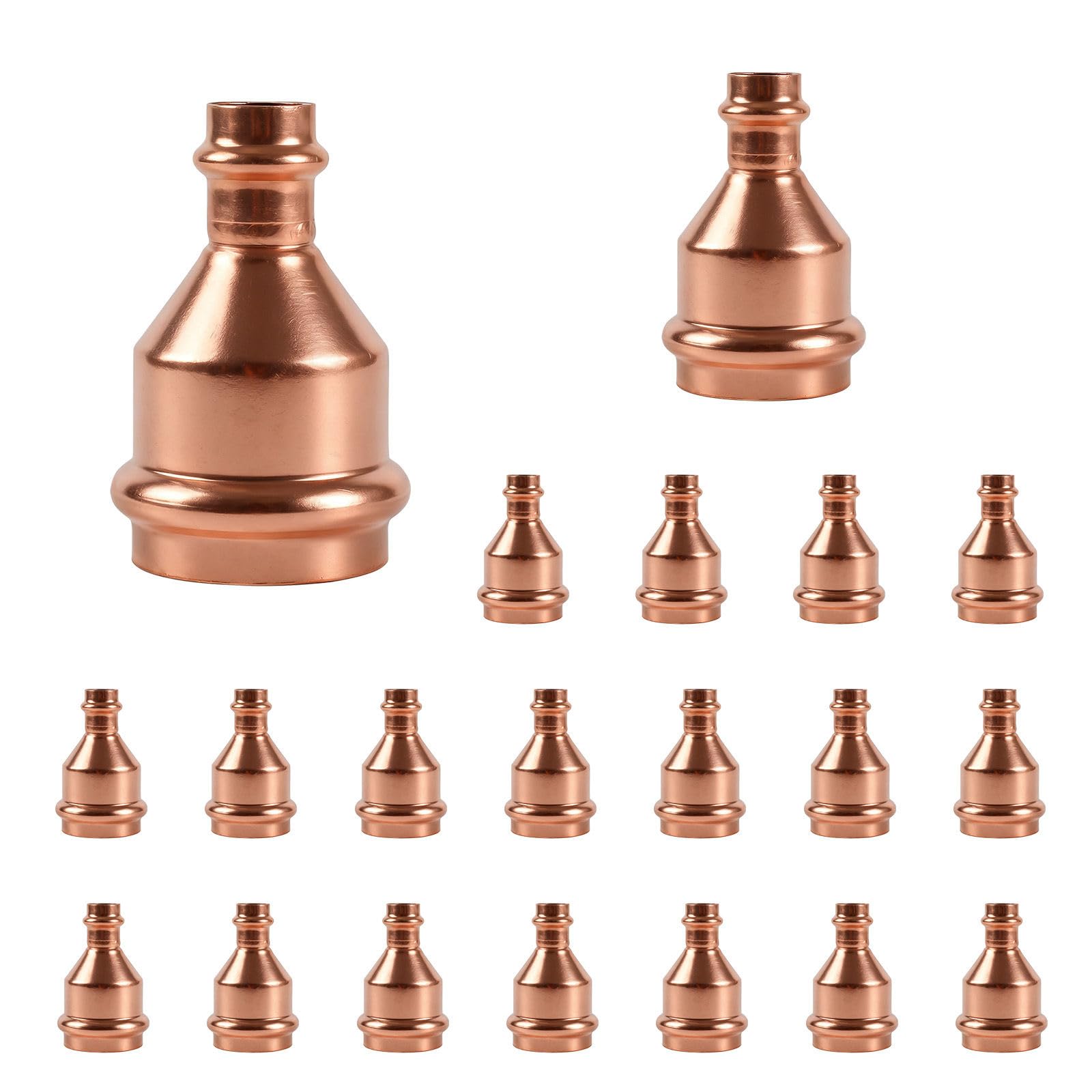 Paquete de 20 acoplamientos de presión de cobre GUOFIS sin tope, acoplamiento de cobre de 2" x 3/4" para conexiones de tuberías de reparación y remodelación de plomería, diseño de flujo continuo.