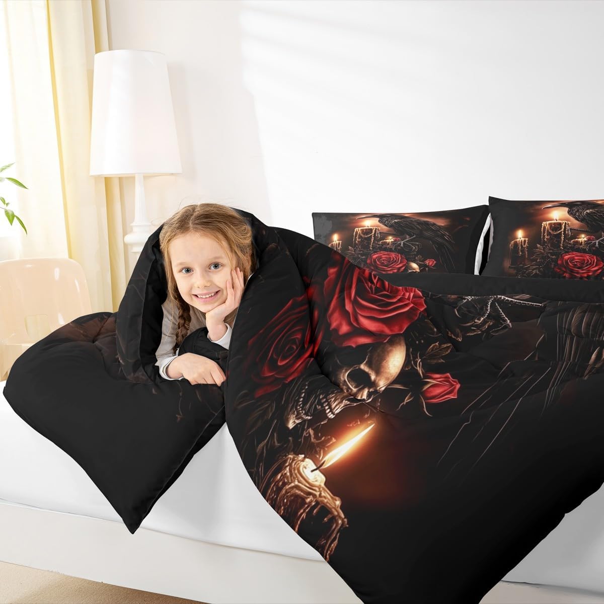 jejeloiu Halloween Theme Comforter Set Queen Size Kids Gothic Sugar Skull Skeleton Bedding Set for Boys Girls Black Raven Crow Red Rose Flower Duvet Quilt Room Decor