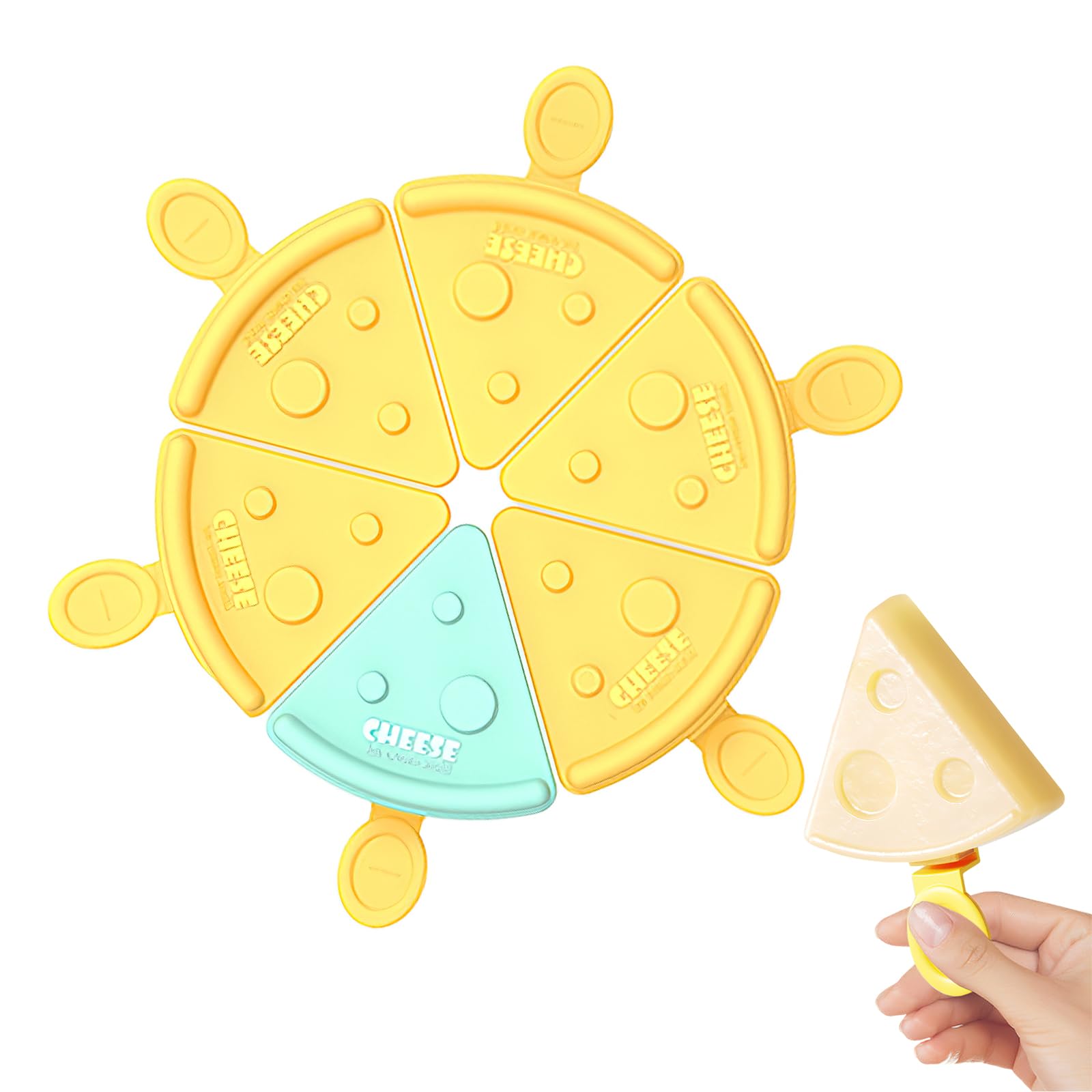 Boxkat 6 Pcs Cheese Shapes Ice Popsicle Molds Stackable Cheese Shaped DIY Ice Cream Mold with Handle & Lid for Homemade Ice Cream Cheese Chocolate, yellow, blue