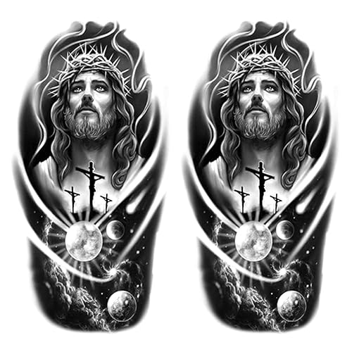 2 hojas de tatuajes temporales realistas de animales, diseño de Jesús Dios, cruz, planeta espacial, para hombres, impermeables, piernas de brazo,