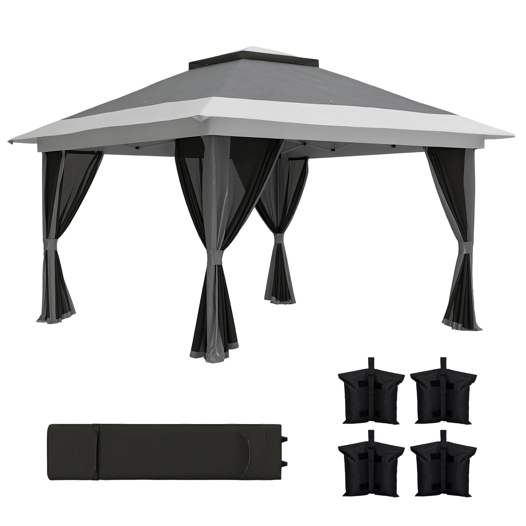 Outsunny Carpa Plegable Gazebo, 3,6x3,6 m, Cenador Plegable con 4 Paredes Laterales de Malla, Anti-UV, Altura Ajustable, Bolsa de Arena y Bolsa de Transporte, para Camping, Fiestas, Gris Oscuro
