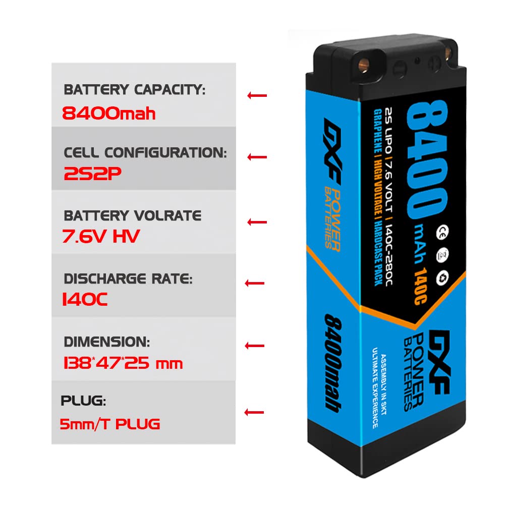 DXF Batteria LiPo 2S 7.6V 8400mAh 140C HV Custodia Rigida Spina Deans T Bullet 5mm Auto RC Truck Buggy Touring Car Alta Capacità Affidabile Potente Gare Racing Modellismo 1 Pezzo