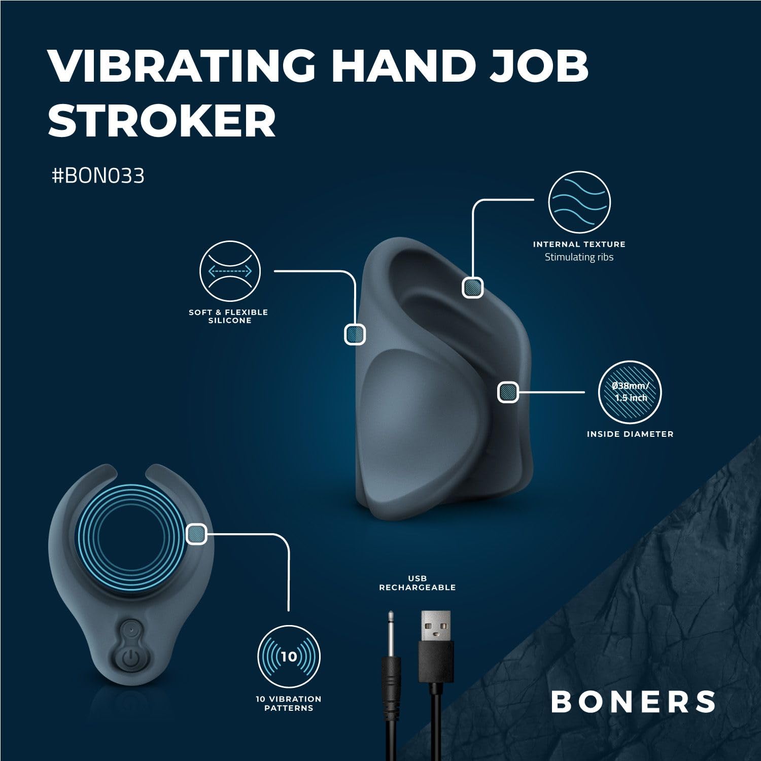 Boners Masturbatore Vibrante con Sega – Stimolazione con Sega a Mano - Adatto a Tutti Gli Uomini – con 10 Forti Diverse Modalità di Vibrazione – USB Ricaricabile – Blu Scuro