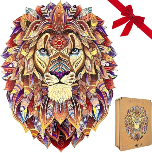 Lubiwood Mighty Lion Deluxe Unique Shaped Animal Wood Puzzle (29x21 cm) - EU Design, Encourages Enhanced Focus, Cognitive Skills & Mindfulness, Comes with Wood Gift Box - Ideal for Adults