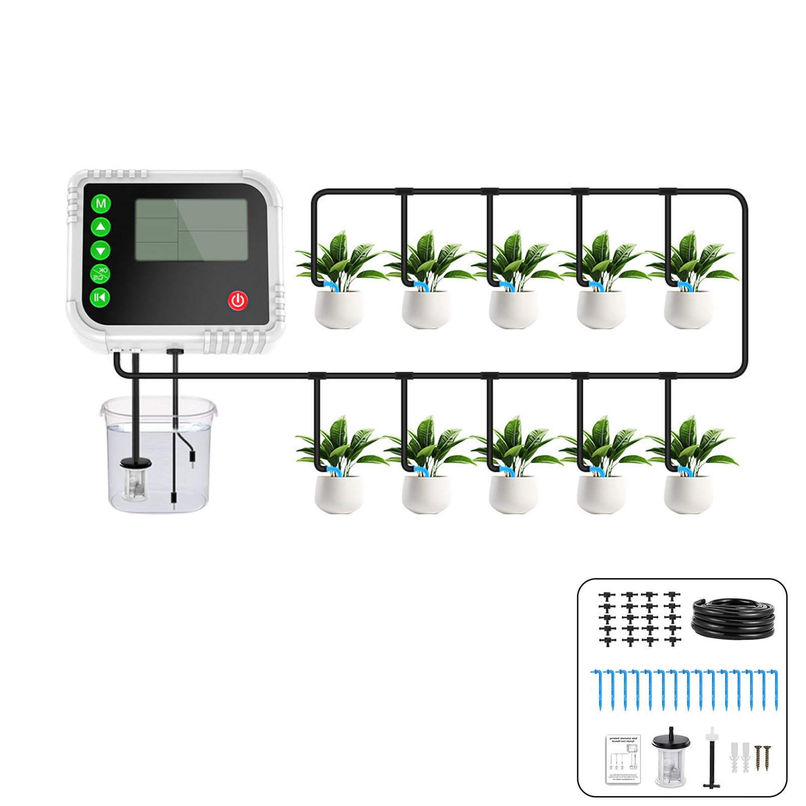 Contrôleur d'arrosage goutte à goutte automatique pour pot avec modes automatique et manuel, tubes et goutteurs pour conteneurs de balcon, zones de jardin, minuterie d'arrosage automatique